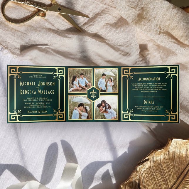 Emerald Green Gold Art Deco Photo Collage Wedding Tri-Fold Invitation (Creator Uploaded)