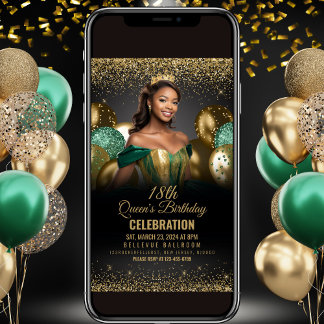 Emerald Green Gold Balloons Birthday Invitation