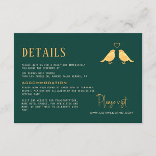Emerald Green & Gold Birds Flowers Wedding Details Enclosure Card