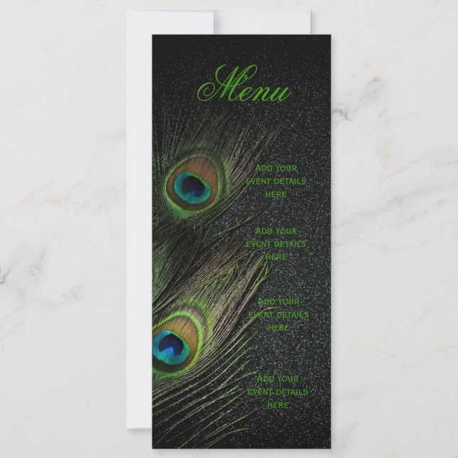 Emerald Green Gold Black Peacock Wedding Menu Invitation (Front)