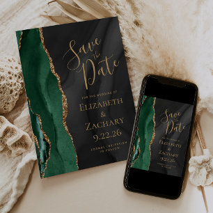 Emerald Green Gold Black Watercolor Agate Save The Date