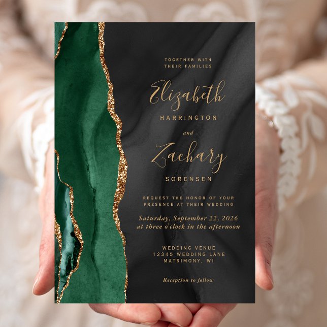 Emerald Green Gold Black Watercolor Agate Wedding Invitation (Creator Uploaded)