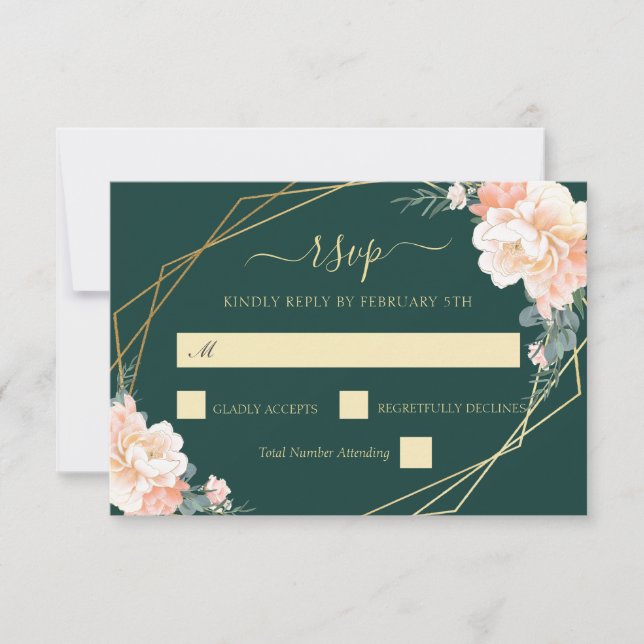 Emerald Green Gold Blush Peach Floral Wedding RSVP (Devant)