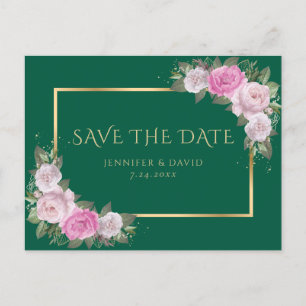 Emerald Green Gold Blush Pink Floral Save The Date Announcement Postcard