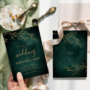 Emerald Green & Gold Botanical Elegant Wedding Invitation