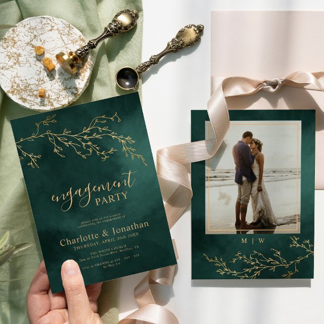 Emerald Green & Gold Botanical Engagement Party Invitation (Creator Uploaded)