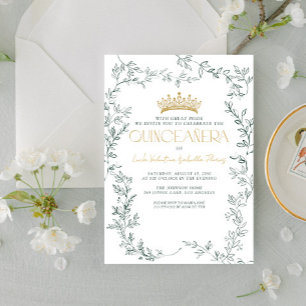 Emerald Green Gold Botanical Floral Quinceañera Invitation
