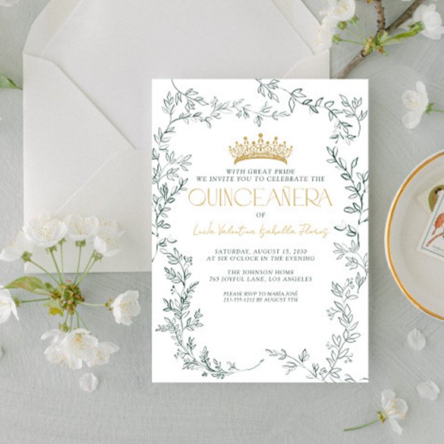 Emerald Green Gold Botanical Floral Quinceañera Invitation (Creator Uploaded)