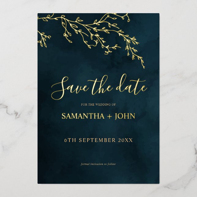 Emerald Green & Gold Botanical Save the Date (Front)