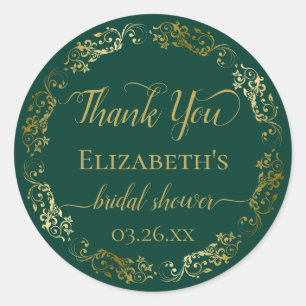 Emerald Green & Gold Bridal Shower Thank You Small Classic Round Sticker