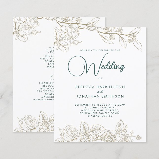 Emerald Green Gold Budget Wedding Invitation (Front/Back)