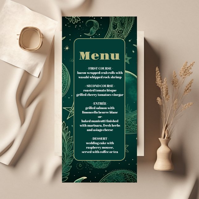 Emerald Green Gold Celestial  Wedding Menu (Creator Uploaded)