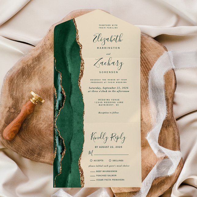 Emerald Green Gold Champagne Meal Options Wedding All In One Invitation (Creator Uploaded)