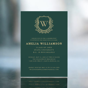 Emerald Green Gold Crest Monogram Graduation Party Invitation