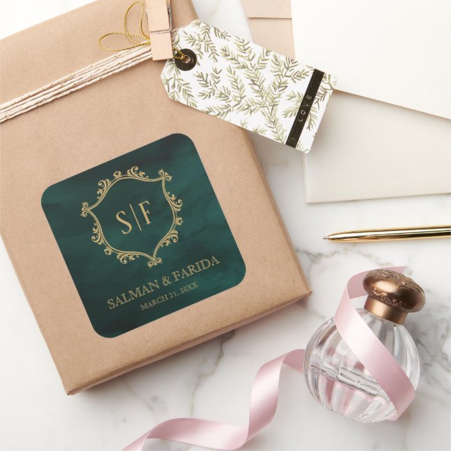Emerald Green Gold Crest Monogram Wedding Favour Square Sticker (Gifting)