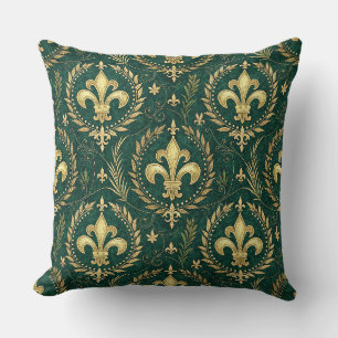 Emerald Green & Gold Crest Royal Damask Pattern Throw Pillow