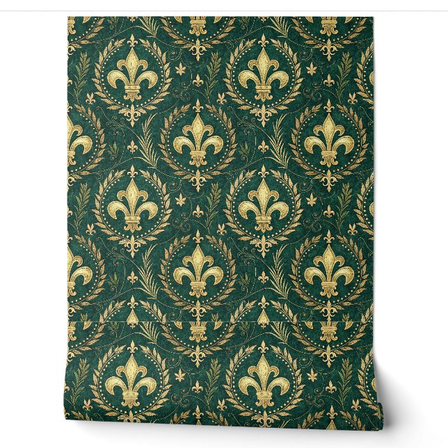 Emerald Green & Gold Crest Royal Damask Pattern Wallpaper (Unrolling)