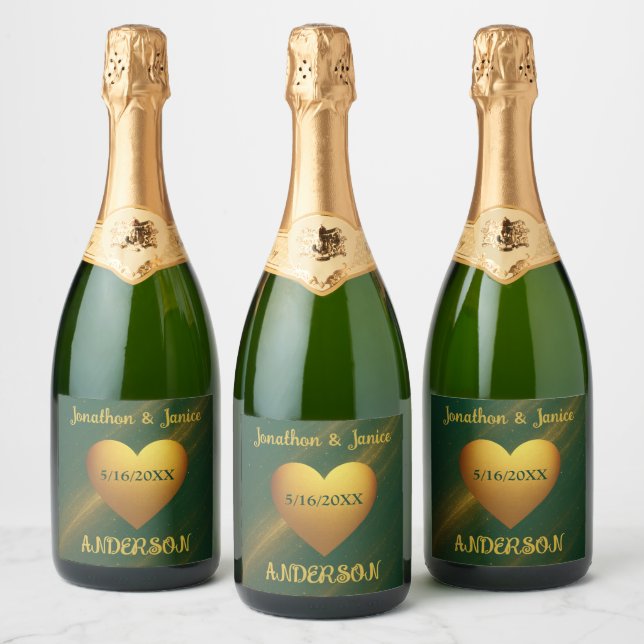 Emerald Green & Gold Custom Wedding Date Sparkling Wine Label (Bottles)