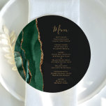 Emerald Green Gold Dark Round Plate Wedding Menu<br><div class="desc">The left-hand edge of this elegant modern wedding menu features an emerald green watercolor agate border trimmed with faux gold glitter. The customizable text combines gold-coloured whimsical handwriting script and copperplate fonts on a slate black background. The reverse side features a matching emerald green and gold agate design.</div>