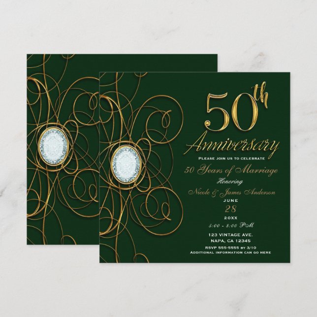 Emerald Green & Gold Diamond 50 50th Anniversary Invitation (Front/Back)