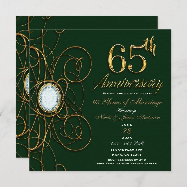 Emerald Green & Gold Diamond 65 65th Anniversary Invitation (Front/Back)