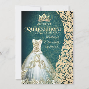 Emerald green gold dress damask tiara Quinceañera Invitation