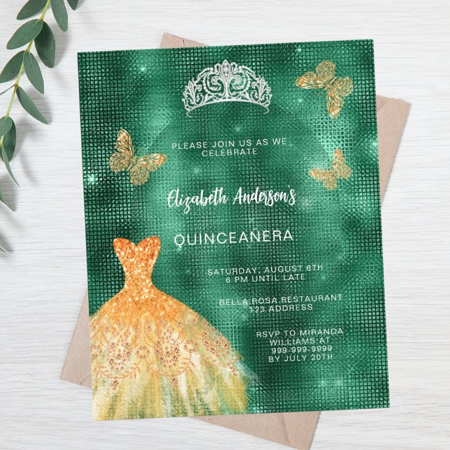 Emerald green gold dress tiara budget Quinceanera (Creator Uploaded)