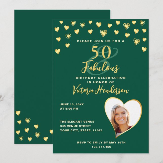 Emerald Green & Gold Elegant 50th Birthday Invitation (Front/Back)