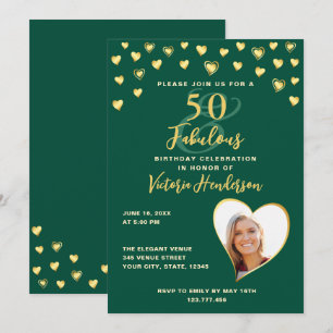 Emerald Green & Gold Elegant 50th Birthday Invitation