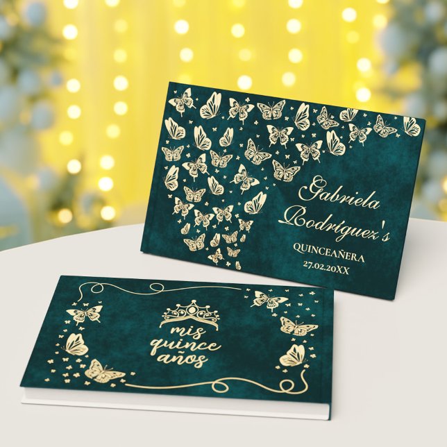 Emerald Green Gold Elegant Butterfly Quinceañera Guest Book (Emerald Green Gold Elegant Butterfly Quinceañera Foil Guest Book)