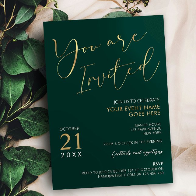 Emerald Green & Gold Elegant Script Company Event Invitation (Elegant emerald green and gold effects You Are Invited event invitations)