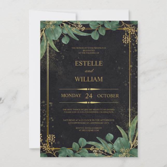 Emerald Green & Gold Elegant Wedding Invitation (Front)