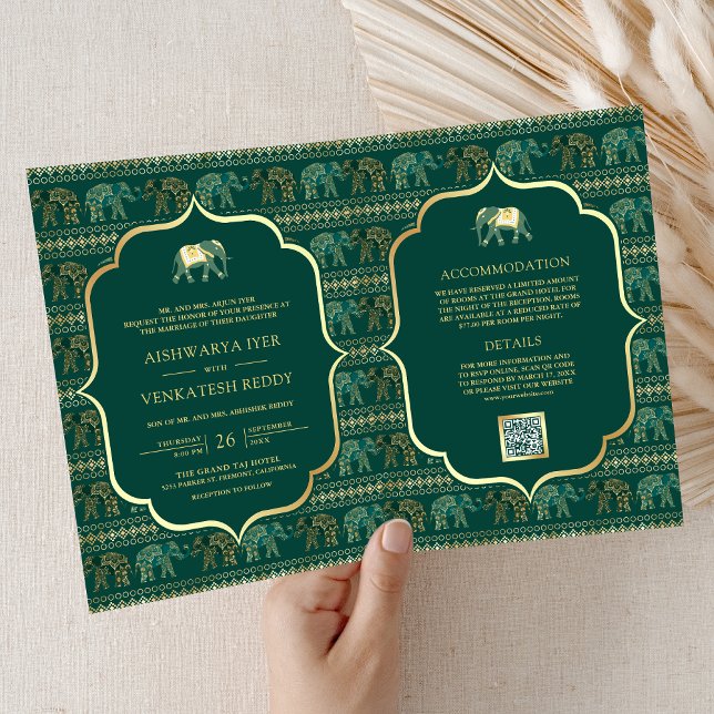 Emerald Green Gold Elephant Indian Wedding Invitation (Creator Uploaded)
