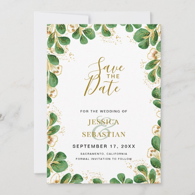 Emerald Green & Gold Eucalyptus Elegant Photo Save The Date (Front)