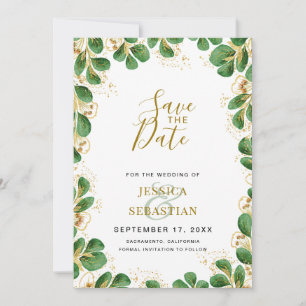 Emerald Green & Gold Eucalyptus Elegant Photo Save The Date