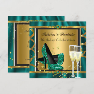 Emerald Green Gold Fabulous Heels Birthday Party 3 Invitation