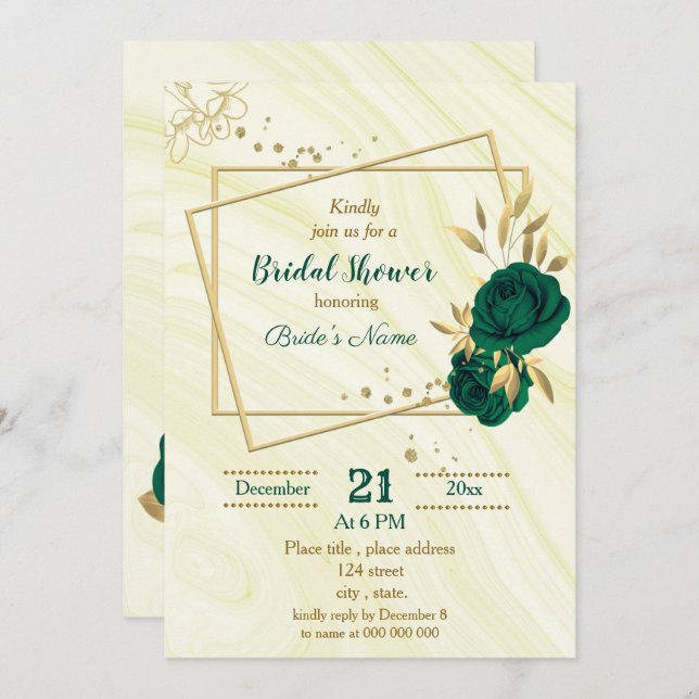 emerald green gold floral bridal shower invitation (Front/Back)