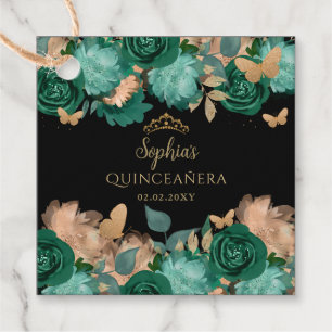 Emerald Green Gold Floral Butterfly Quinceañera  Favour Tags
