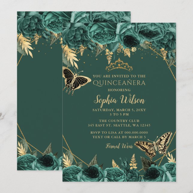 Emerald Green Gold Floral Butterfly Quinceañera  Invitation (Front/Back)