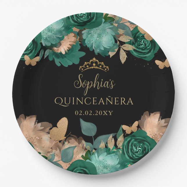 Emerald Green Gold Floral Butterfly Quinceañera  Paper Plate (Front)