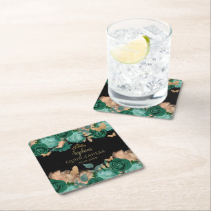 Emerald Green Gold Floral Butterfly Quinceañera Square Paper Coaster