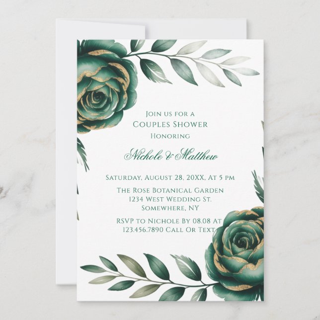Emerald Green & Gold Floral Couples Shower Invitation (Front)
