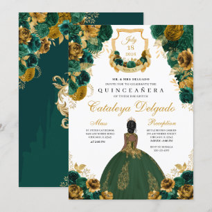 Emerald Green & Gold Floral Elegant Quinceañera Invitation