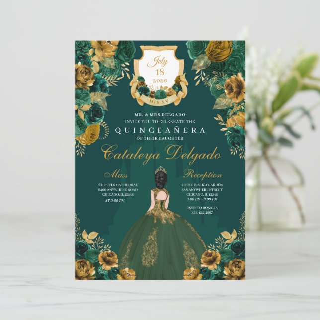 Emerald Green & Gold Floral Elegant Quinceañera Invitation (Standing Front)