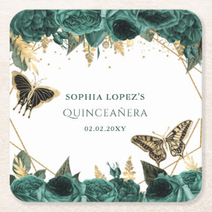 Emerald Green Gold Floral Elegant Quinceanera   Square Paper Coaster