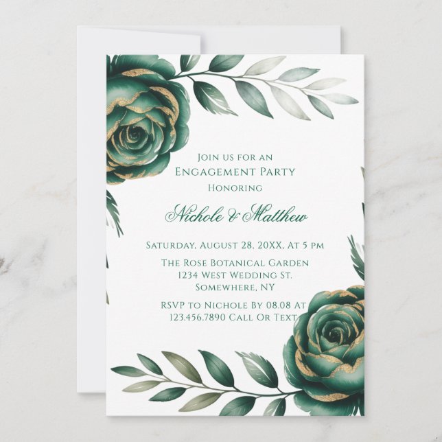 Emerald Green & Gold Floral Engagement Party Invitation (Front)
