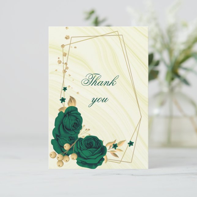 emerald green gold floral geometric thank you card (Standing Front)
