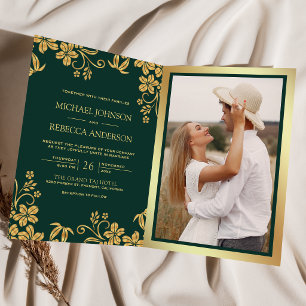 Emerald Green Gold Floral Leaves QR Code Wedding Invitation