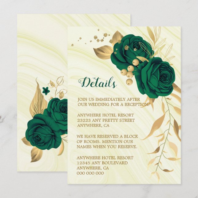 emerald green gold floral marble details enclosure card (Front/Back)