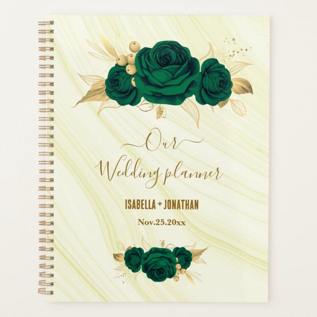 emerald green gold floral marble wedding planner (Front)